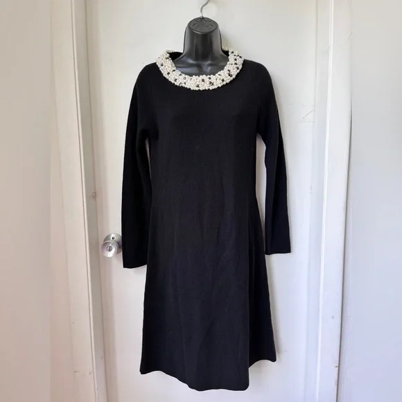 MILLY Women's Black Knit Pearl Trim Dress sz M - Picture 3 of 12